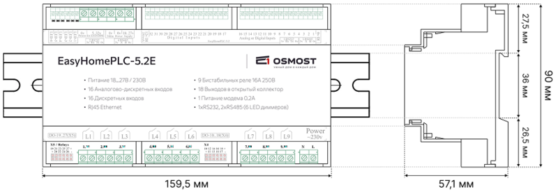 Файл:Контроллер PLC 5.2E. Размеры. Монтаж.png